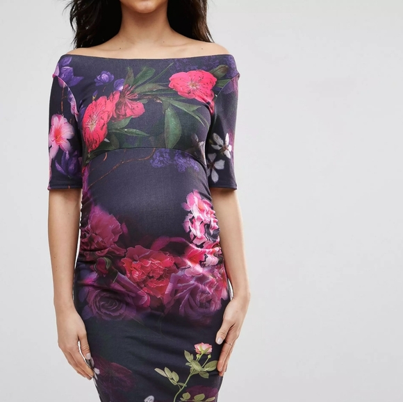 NWT ASOS Maternity Petite Bardot Dress in Floral Print Size 2 purple black pink - Picture 2 of 9